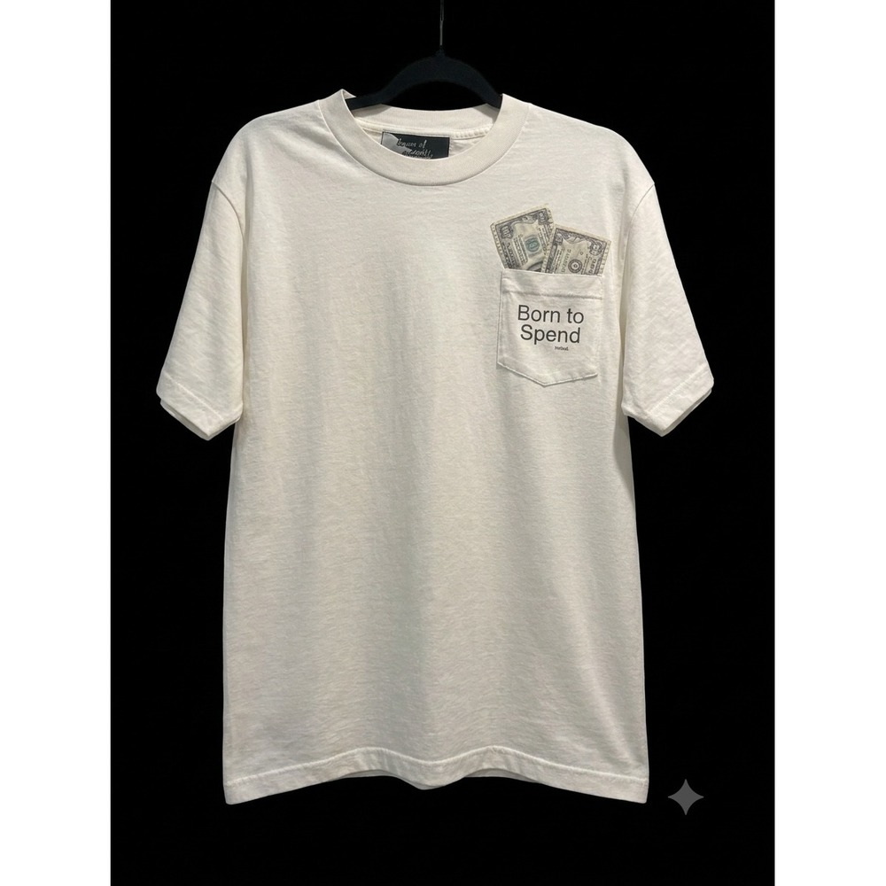 VTG House of Gabrielle T-Shirt Made In USA Born to Spend Pocket Cream Mens Large